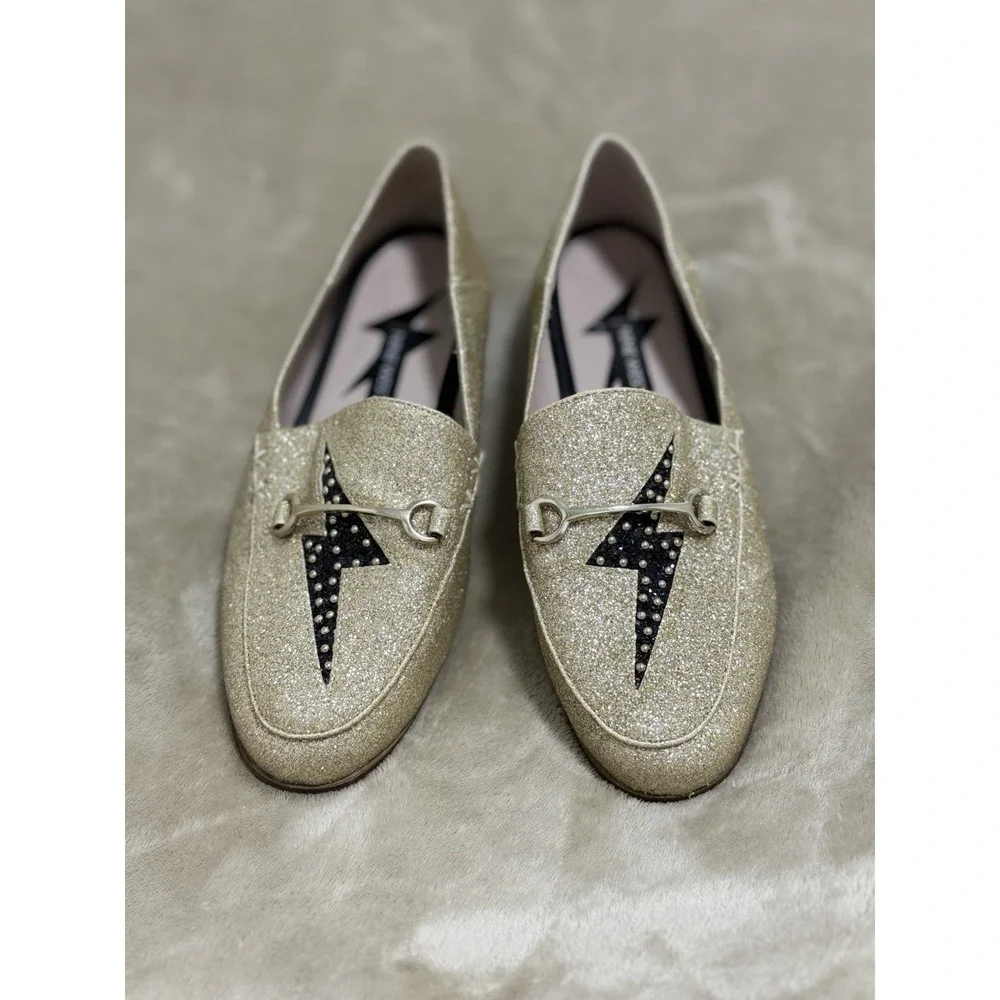 Nine West Womens Wild Girls Lightning Bolt Gold Loafer Sparkle Bling Shoe Sz 5.5